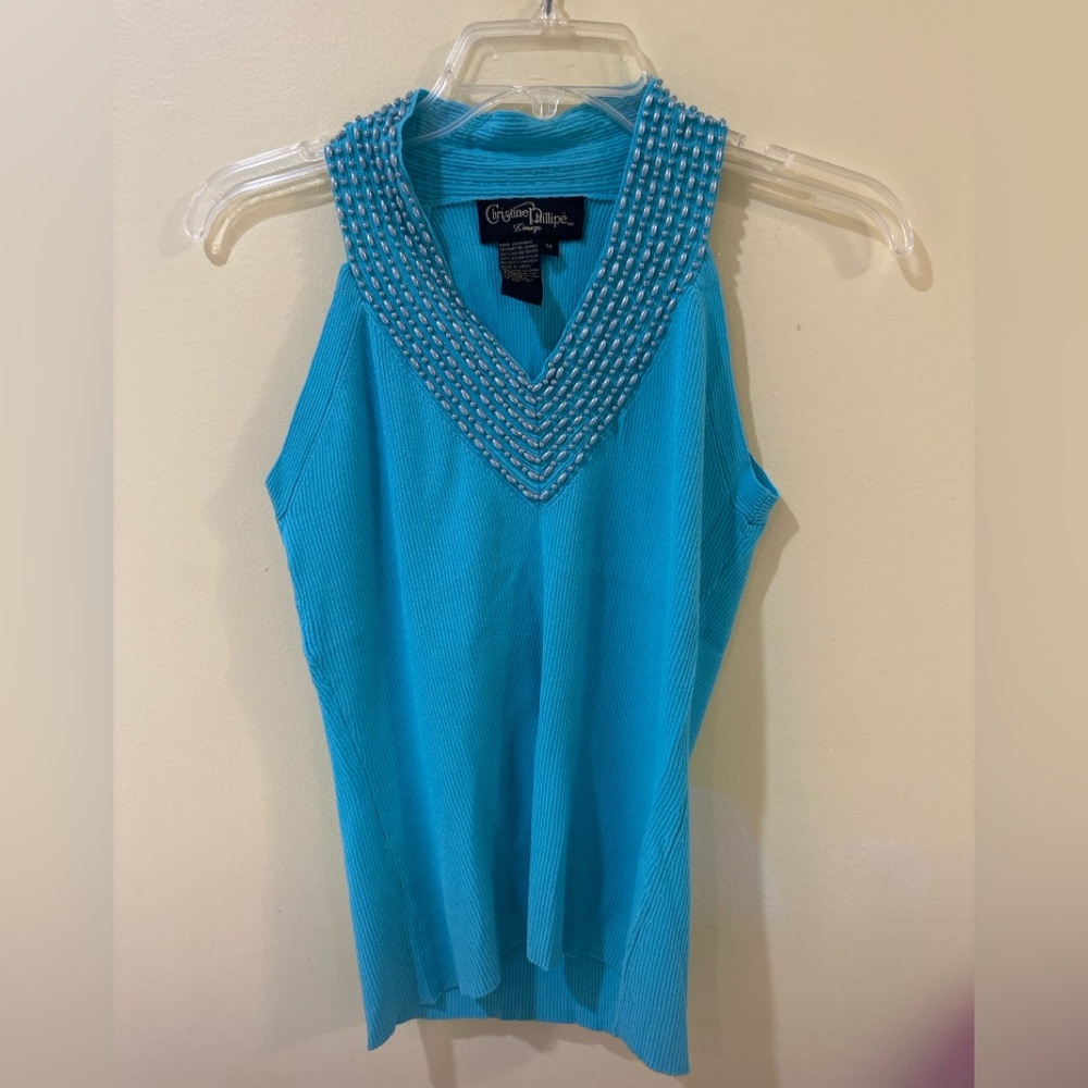 Christine Phillipe Blue Beaded Sleeveless Top – Size Medium